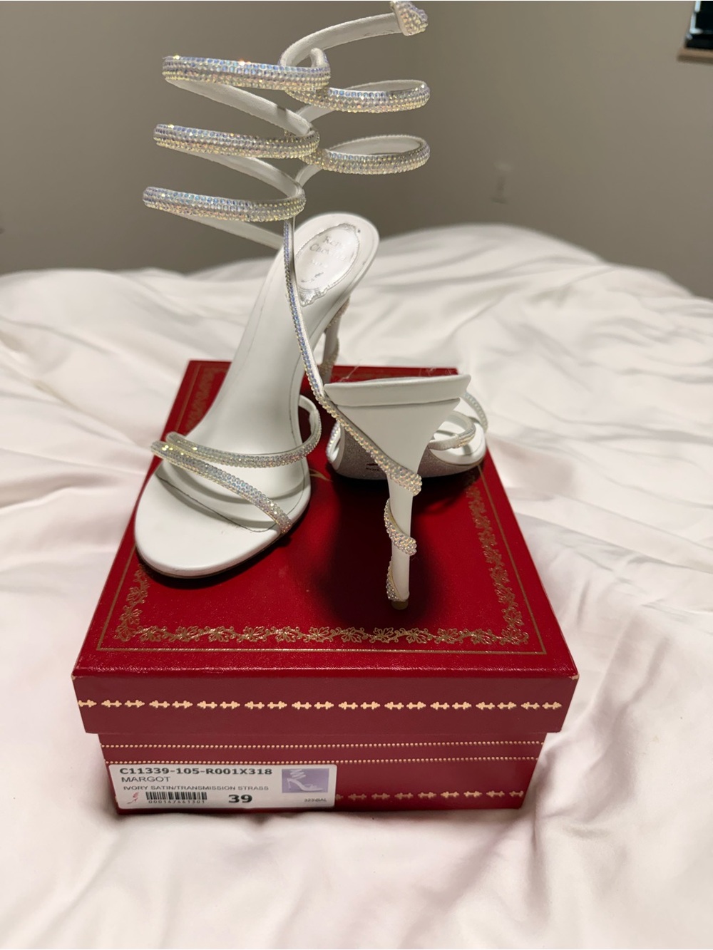 Rene Caovilla White Crystal Spiral-Ankle Heeled Sandals